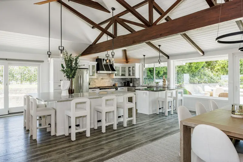 Living room with tile fireplace and ocean view — Corona del Mar real estate photography