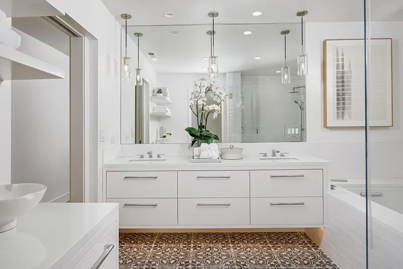 Primary bathroom with pendant lighting — Corona del Mar real estate photography