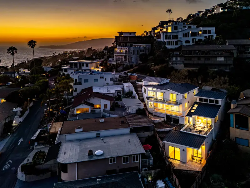Aerial view of the hillside property at twilight — Laguna Beach real estate photography