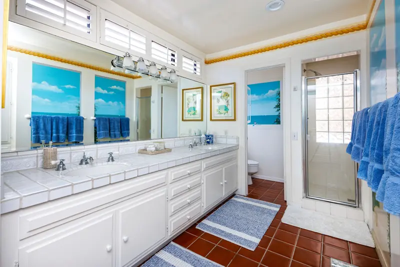 Bathroom with coastal mural and dual vanity — Laguna Beach real estate photography