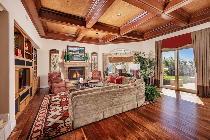 Family room with coffered wood ceiling — Laguna Niguel real estate photography