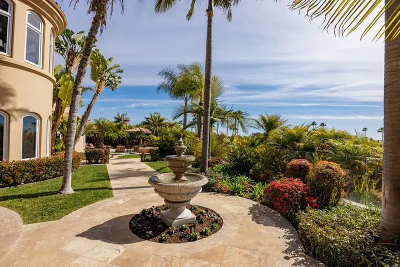 Garden pathway with stone fountain — Laguna Niguel real estate photography