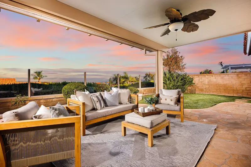 Covered back patio seating at sunset — Mission Viejo real estate photography
