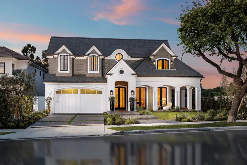 Shingle-style home exterior at twilight — Newport Beach real estate photography