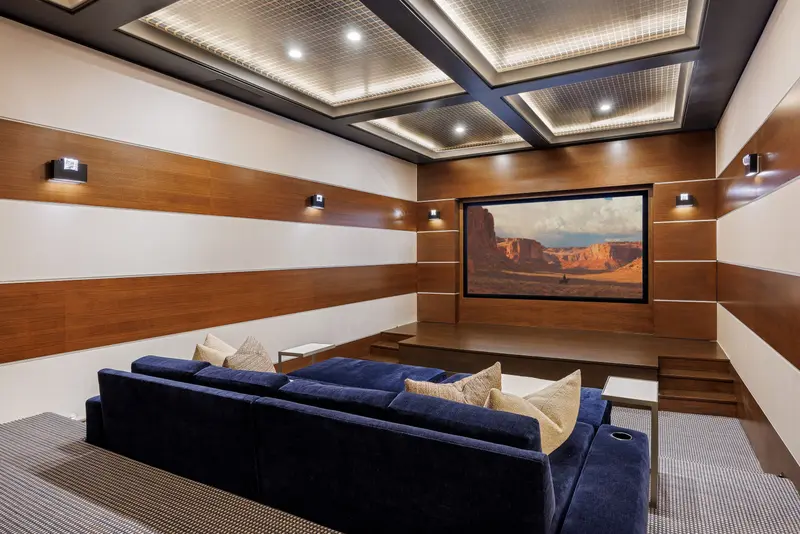 Home theater with walnut paneling — Newport Beach real estate photography