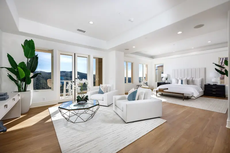Primary suite sitting area with canyon views — Newport Coast real estate photography