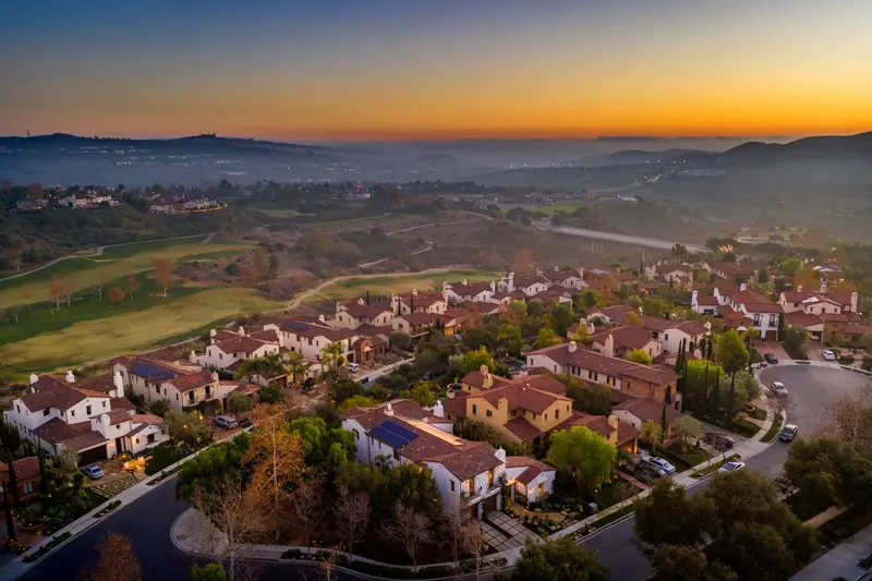 Aerial sunset view over the neighborhood — San Clemente real estate photography