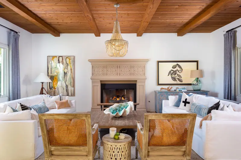 Great room with beamed ceiling and dual sofas — San Clemente real estate photography