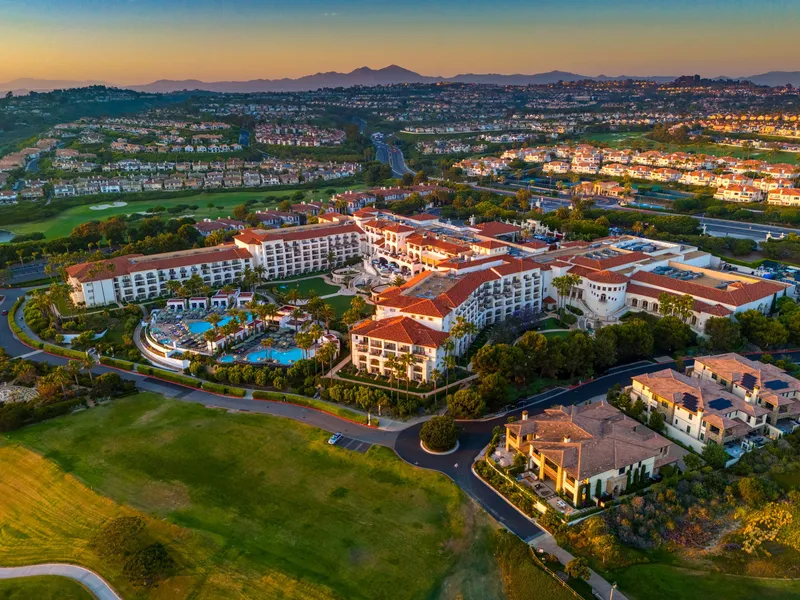 Sunset Drone Photography Golf course and hotel — twilight real estate photography, Orange County, CA