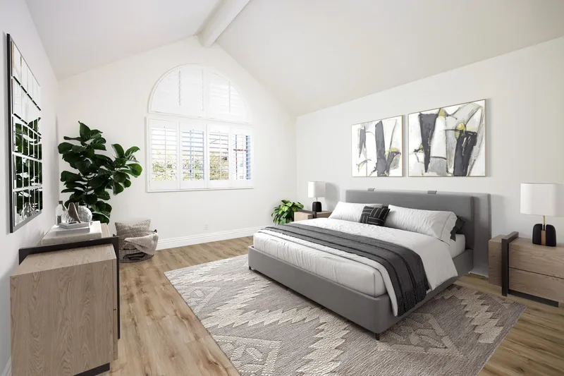 Bedroom virtually staged with modern furniture — before and after, Orange County, CA real estate photography — after